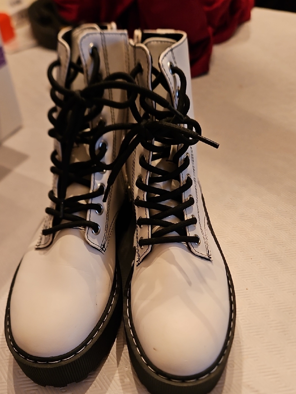 Divided White Lace-Up Platform Combat Boots with Black Laces